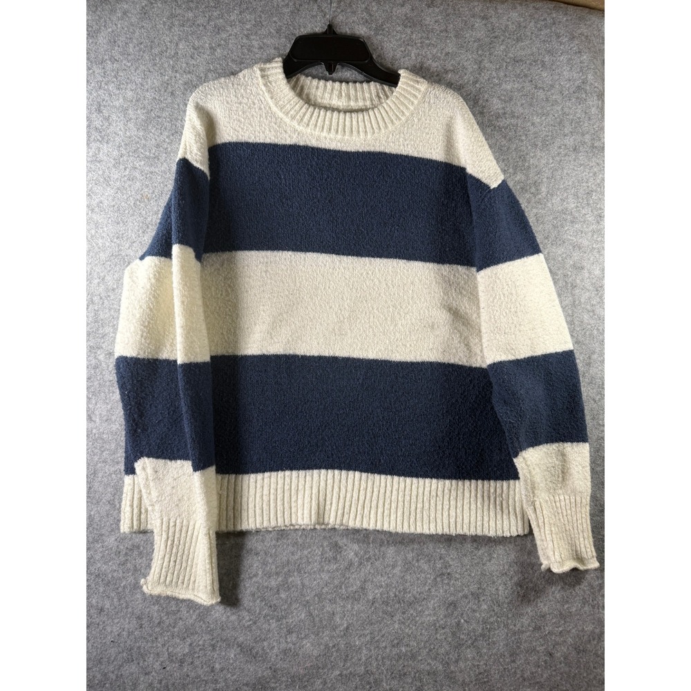 American Eagle Womens Sm Striped Crewneck Sweater Navy Blue Cream Knit Pullover
